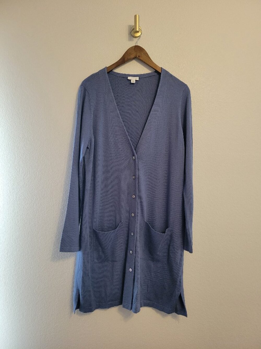 J. Jill Longline Cashmere Silk Blend Duster Cardigan Sweater Med Blue Pockets
